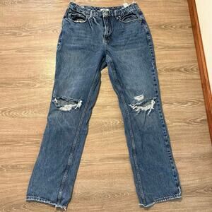 Good American Distressed Straight Leg Jeans Size 14 Frayed Waist Medium Wash